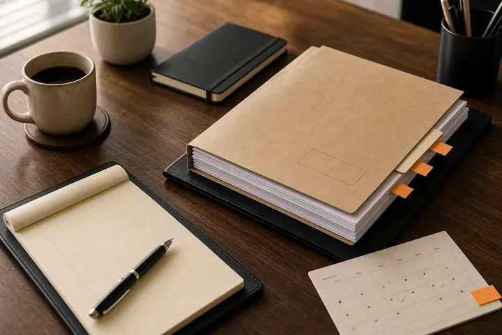 Compact case file and calendar card on a small desk
