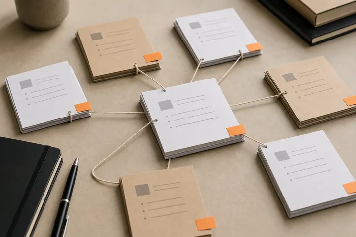 Practice-area packets connected on a planning desk
