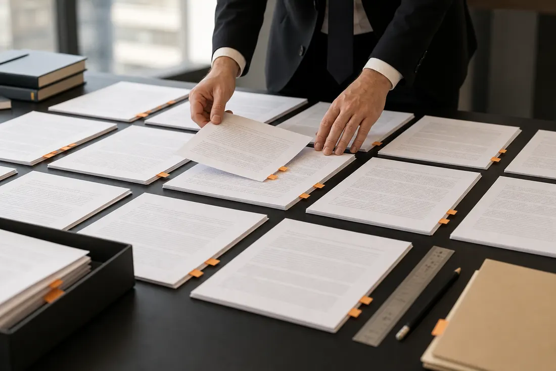 Attorney hands arranging legal documents into rows and columns