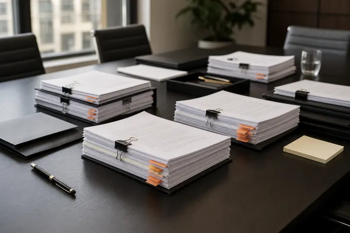Organized legal document bundles on a conference table
