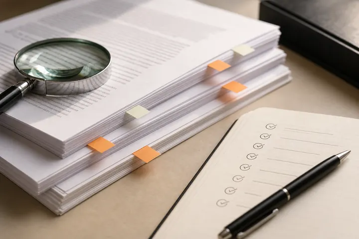 Legal document pages with source flags and magnifying glass