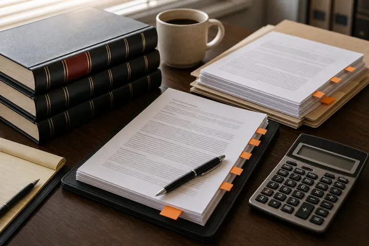 Tax statute books and authority packets on a research desk