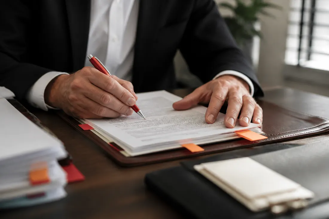 Attorney marking up a contract with a red pen