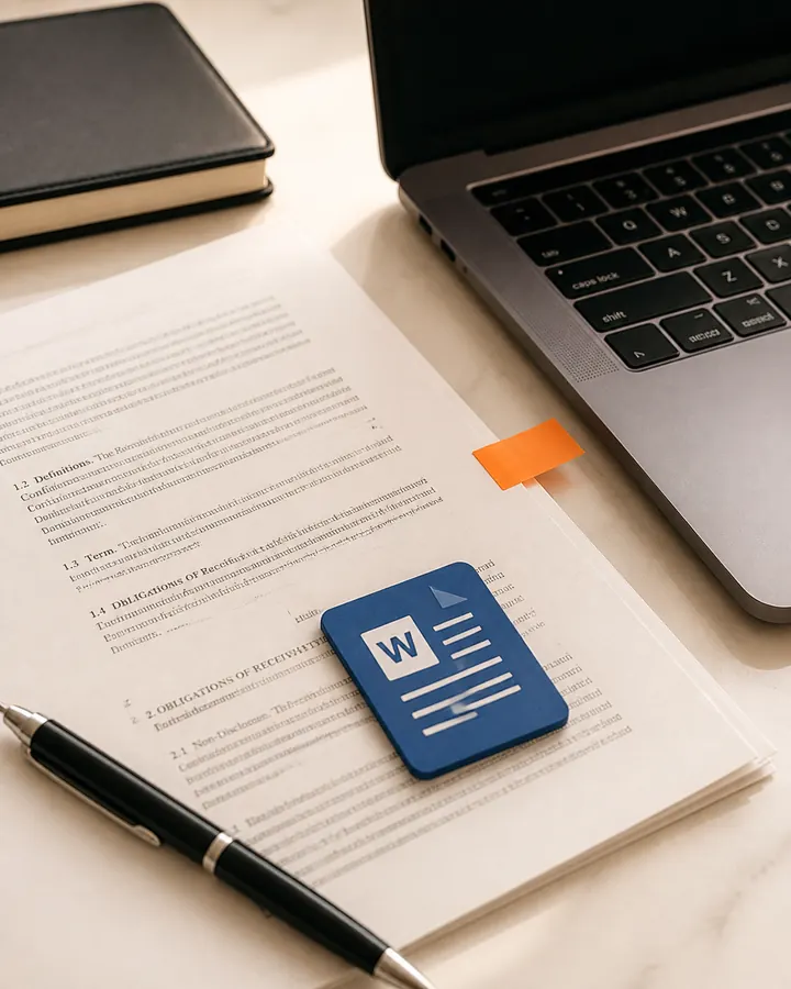 Legal document beside a laptop and document marker