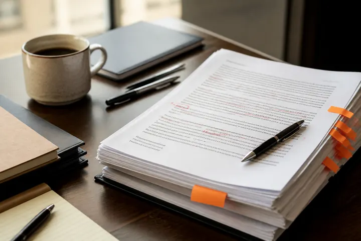 Marked legal pages on a lawyer desk