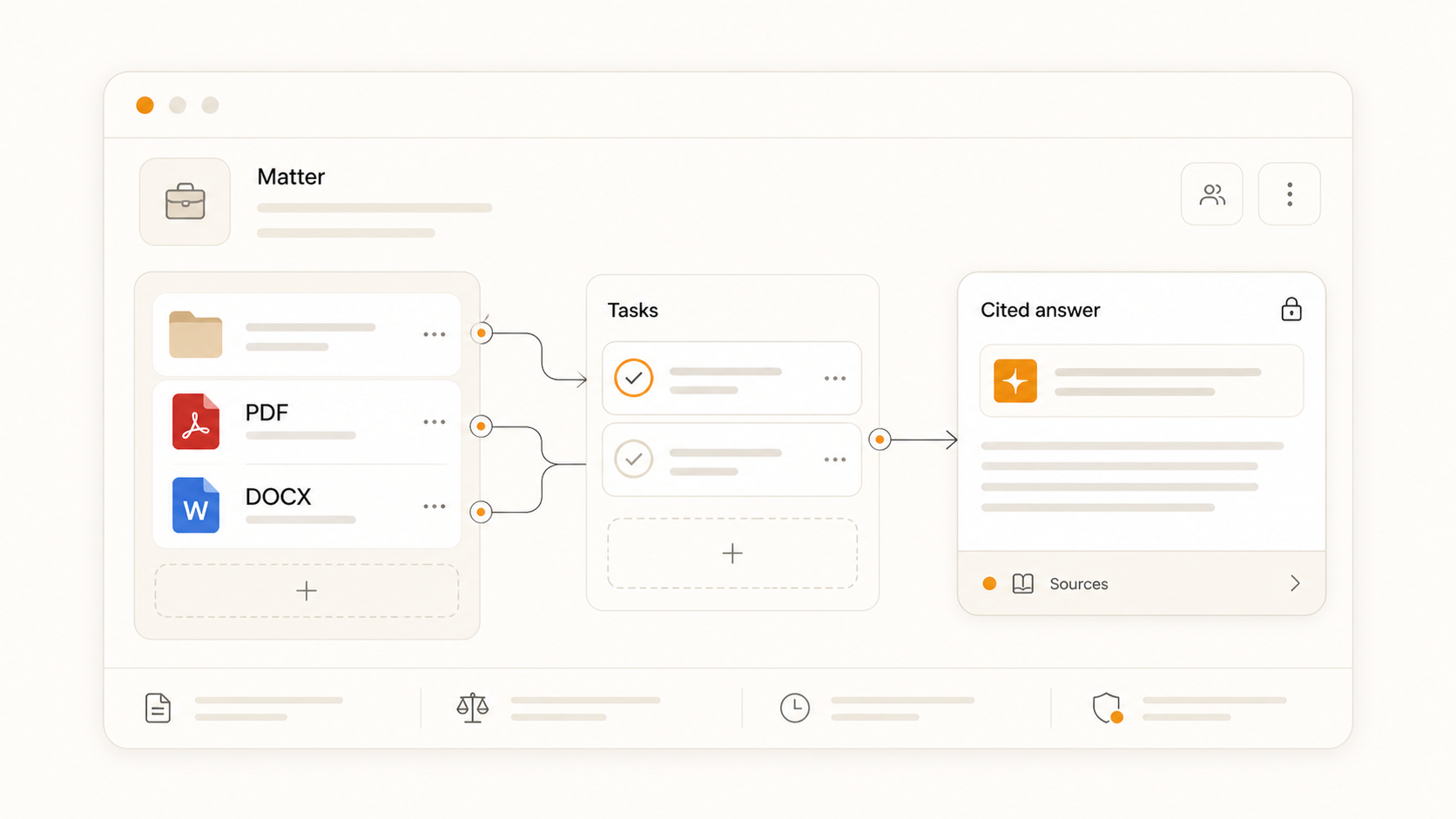 Goodman OS matter workspace with files, tasks, and cited answer