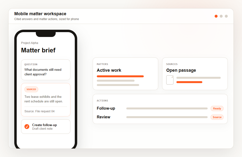 Mobile Goodman OS interface showing a matter brief, sourced answer, and follow-up action