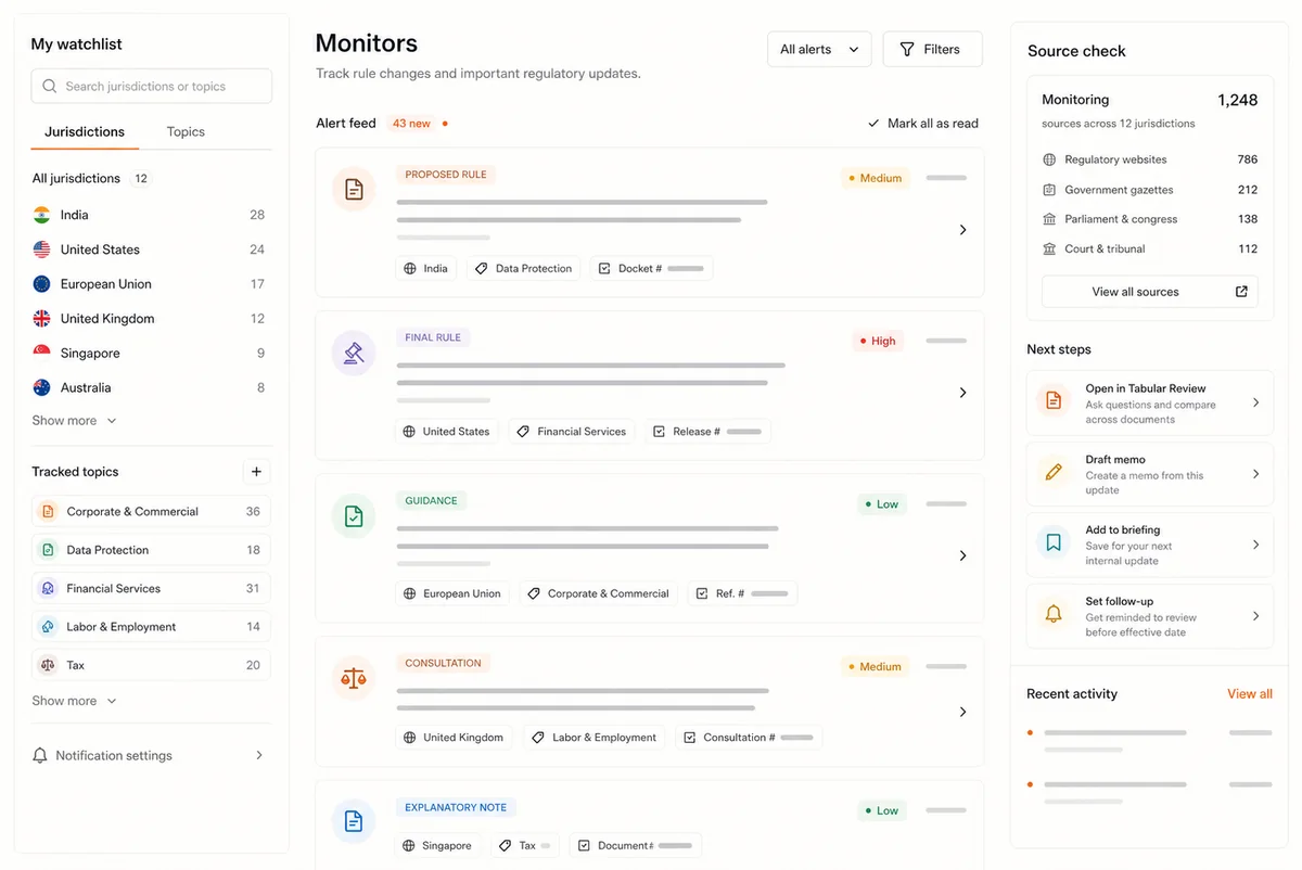 Monitors interface showing watchlists, alert feed, source checks, and next-step actions
