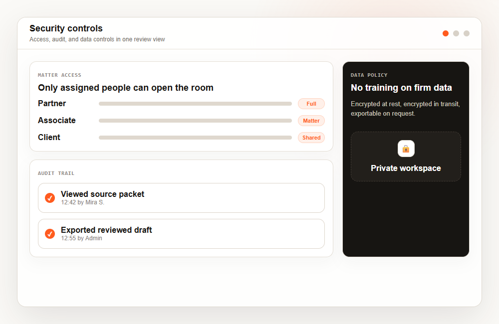 Security controls interface showing matter access, audit trail, and data policy controls