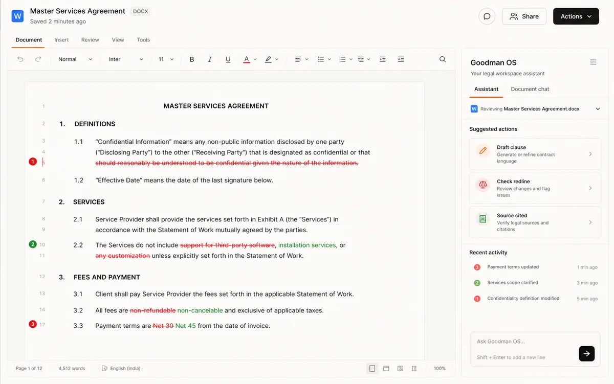 Word add-in interface showing a marked legal agreement and Goodman OS drafting actions